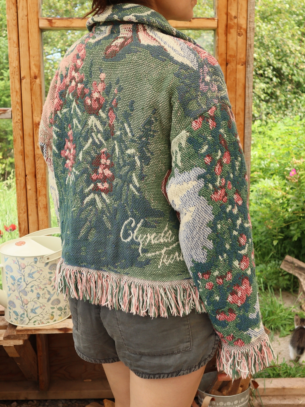 Upcycled Vintage Blanket Jacket With Fringe Garden Flowers Cottagecore - Picture 10 of 16